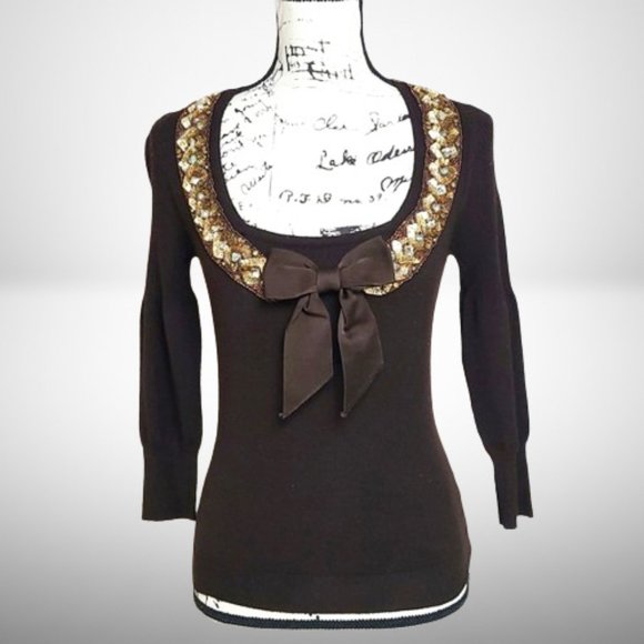 Blumarine Sweaters - Blumarine Cashmere Holiday Sweater with Embellishments & Bow Size: 42